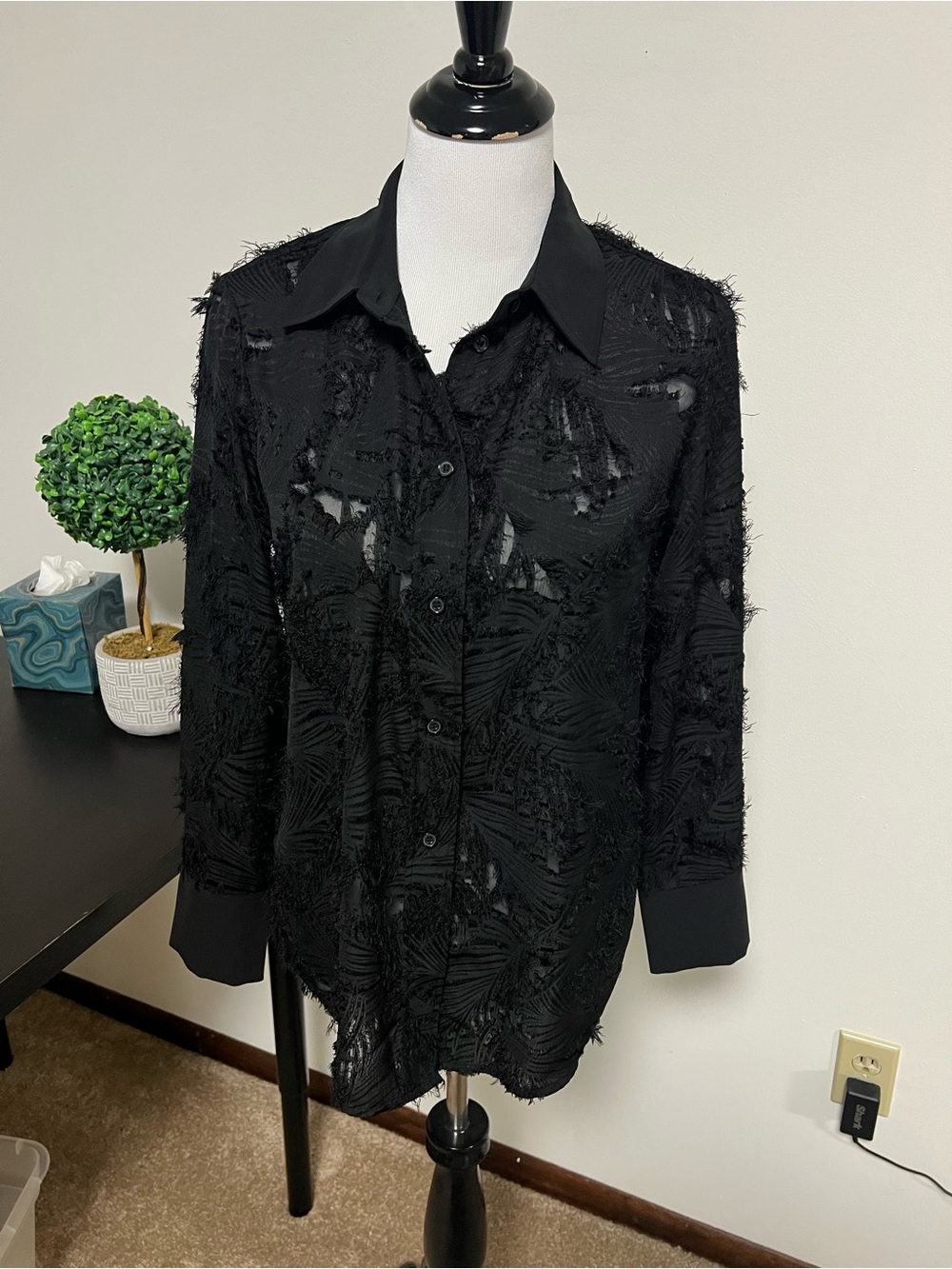 NWOT H&M Black Distressed Button-Down Shirt